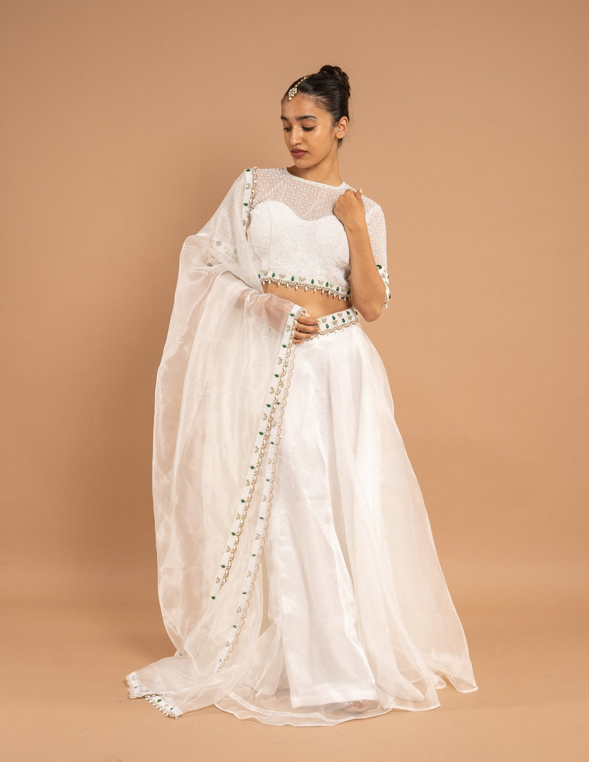 Ivory lehenga with pearl and emerald cape blouse – Organza silk