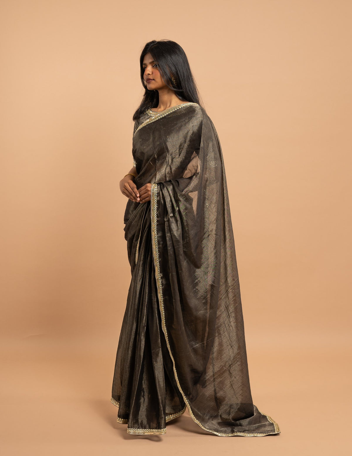 Charcoal mirror and sequin work saree – Tissue silk