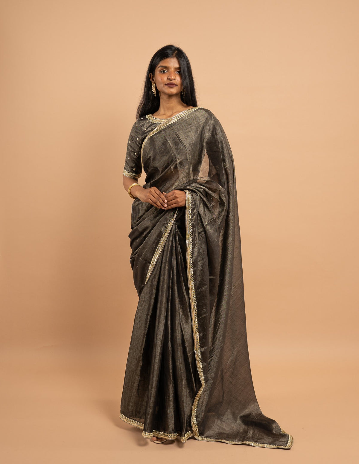 Charcoal mirror and sequin work saree – Tissue silk