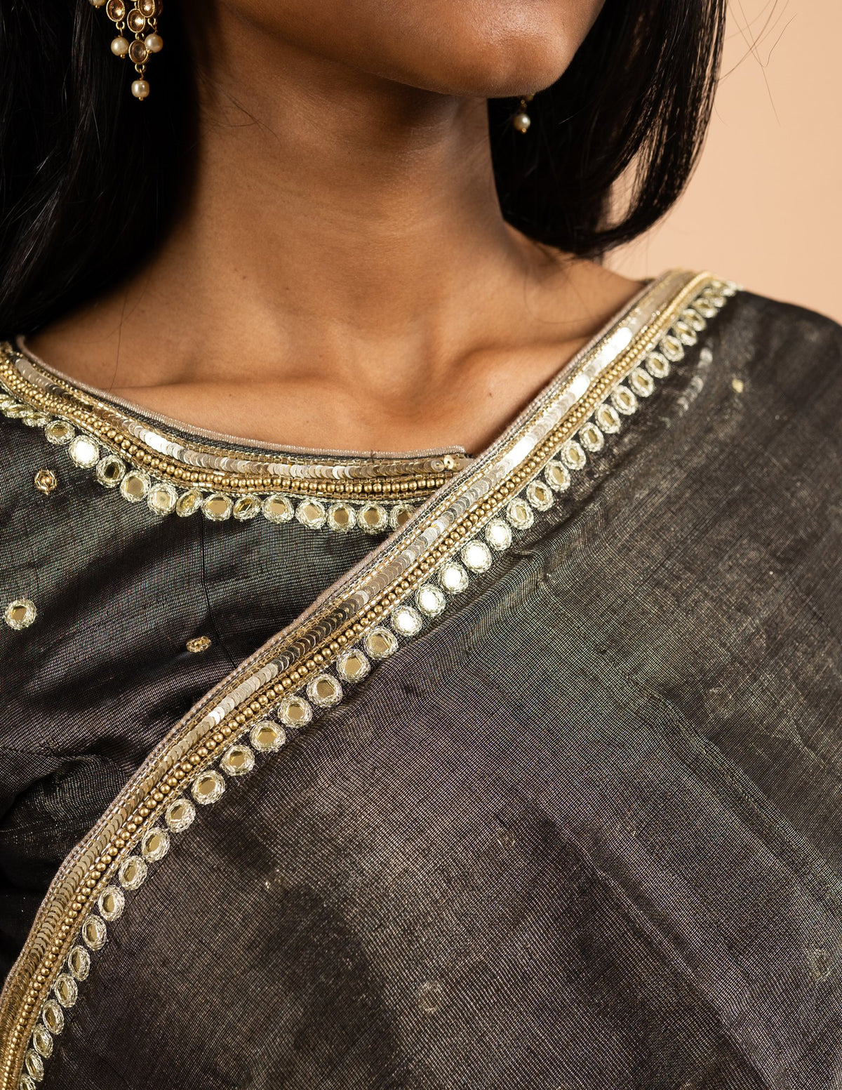 Charcoal mirror and sequin work saree – Tissue silk