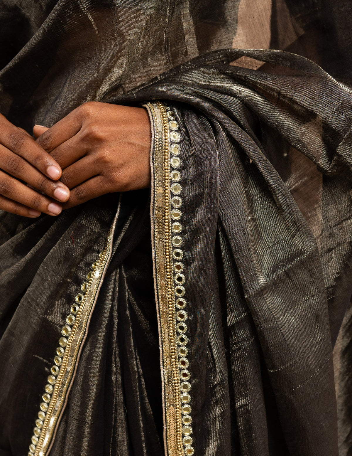 Charcoal mirror and sequin work saree – Tissue silk