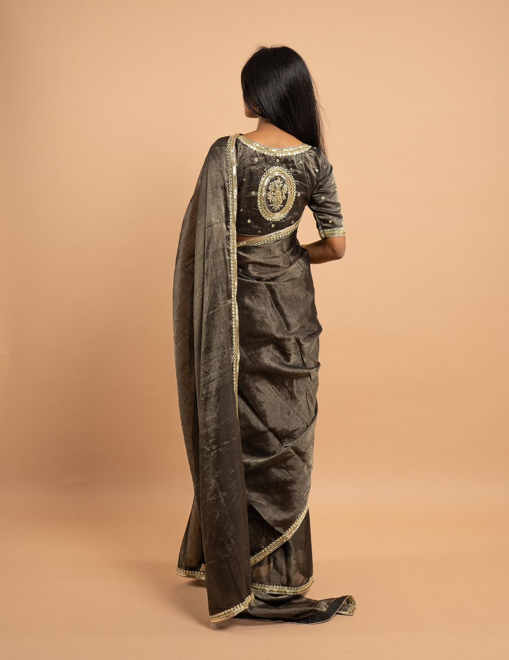 Charcoal mirror and sequin work saree – Tissue silk