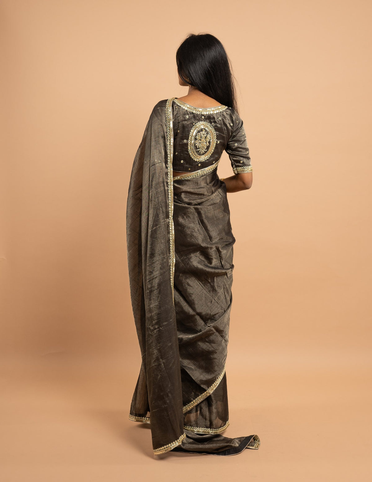 Charcoal mirror and sequin work saree – Tissue silk