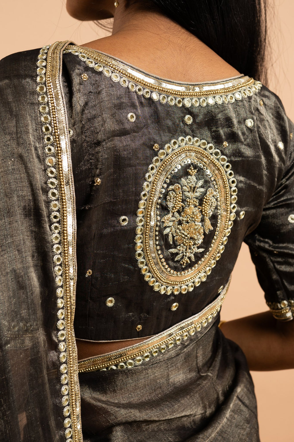 Charcoal mirror and sequin work saree – Tissue silk