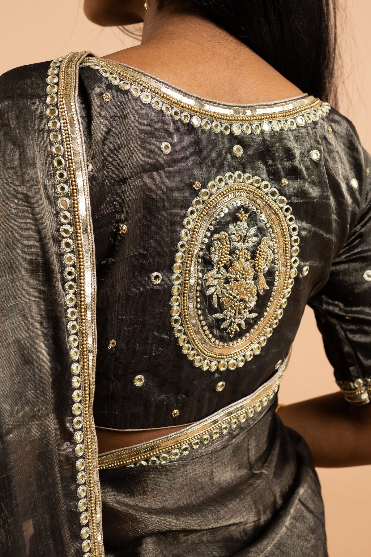 Charcoal mirror and sequin work saree – Tissue silk