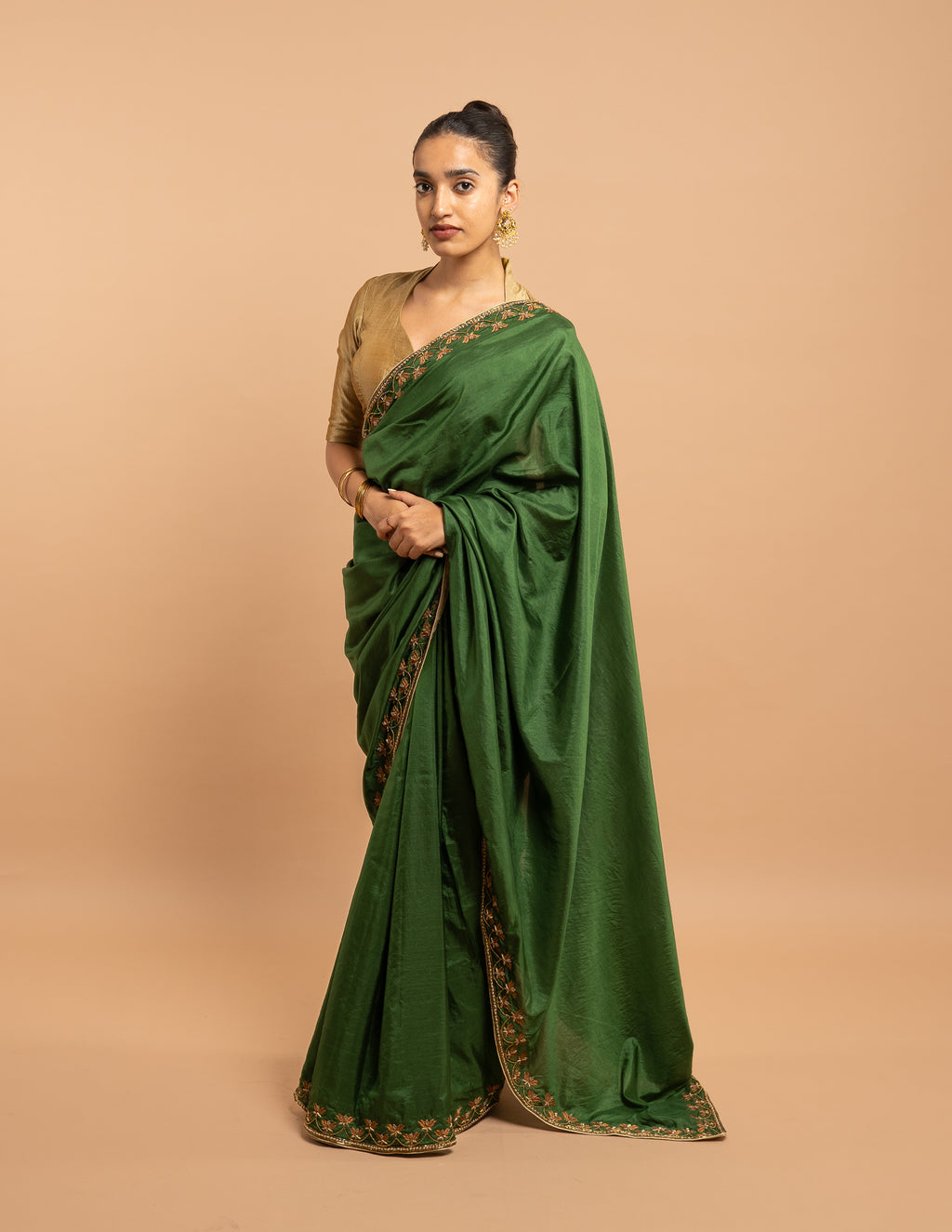 Green zardozi and bead work saree – Chanderi silk