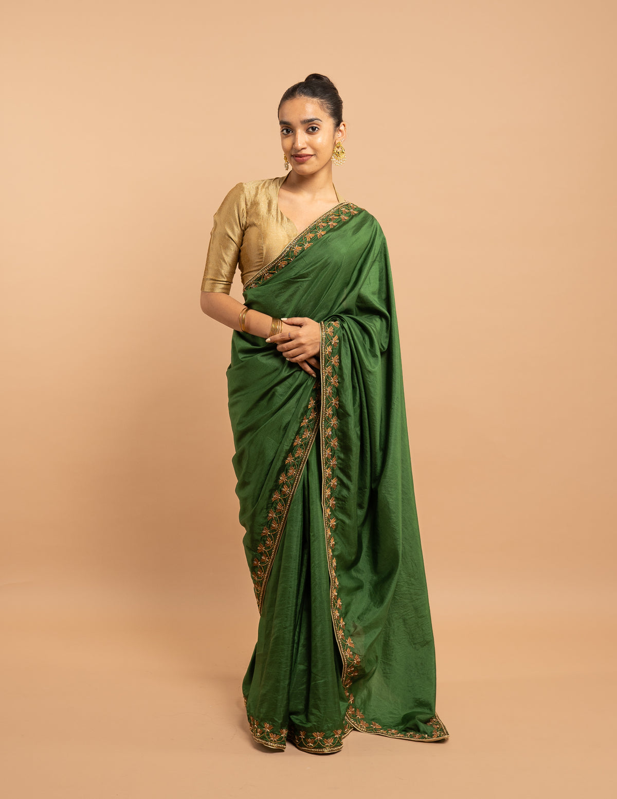 Green zardozi and bead work saree – Chanderi silk