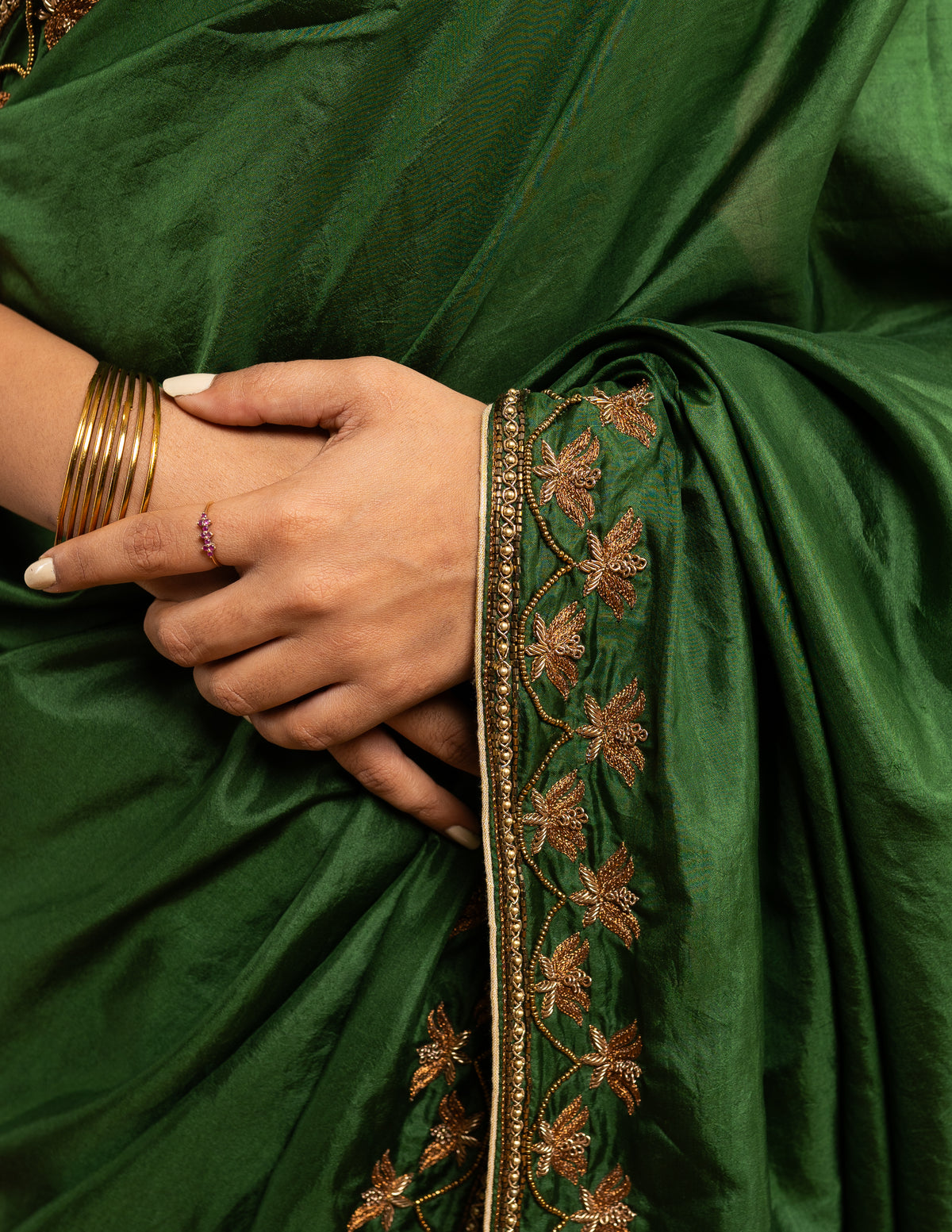 Green zardozi and bead work saree – Chanderi silk