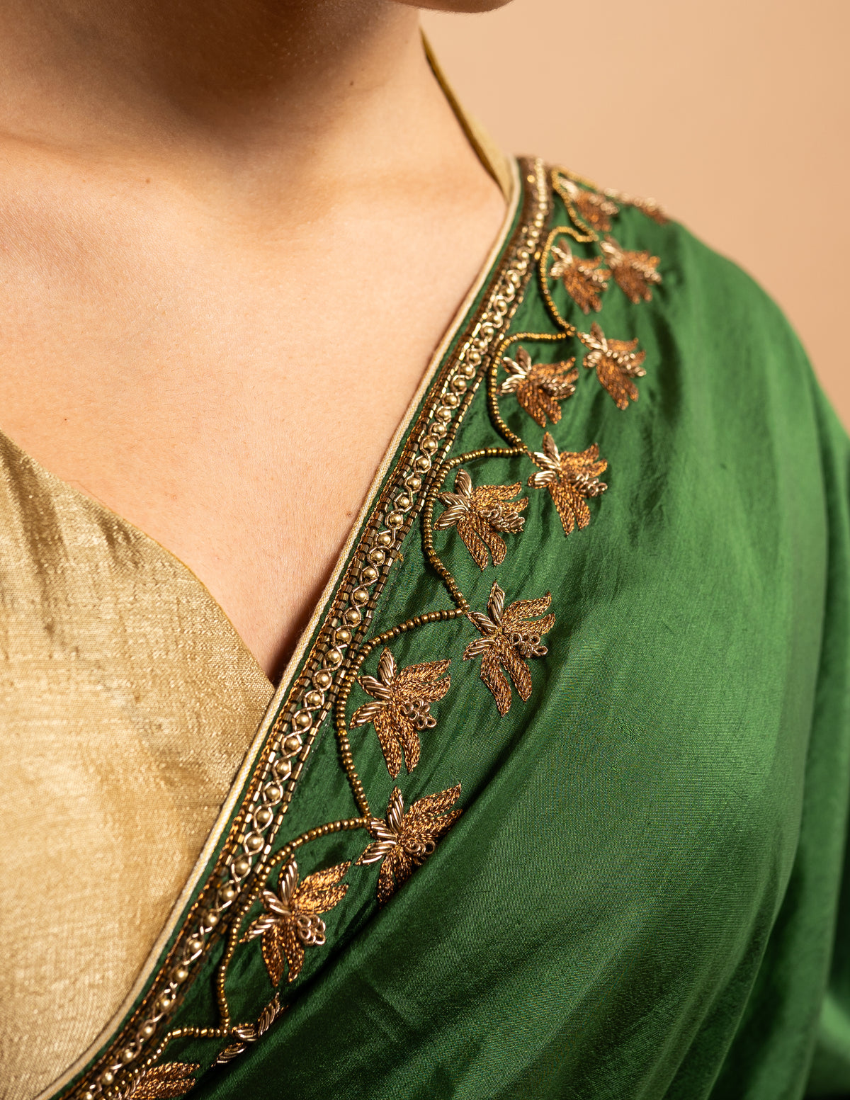 Green zardozi and bead work saree – Chanderi silk