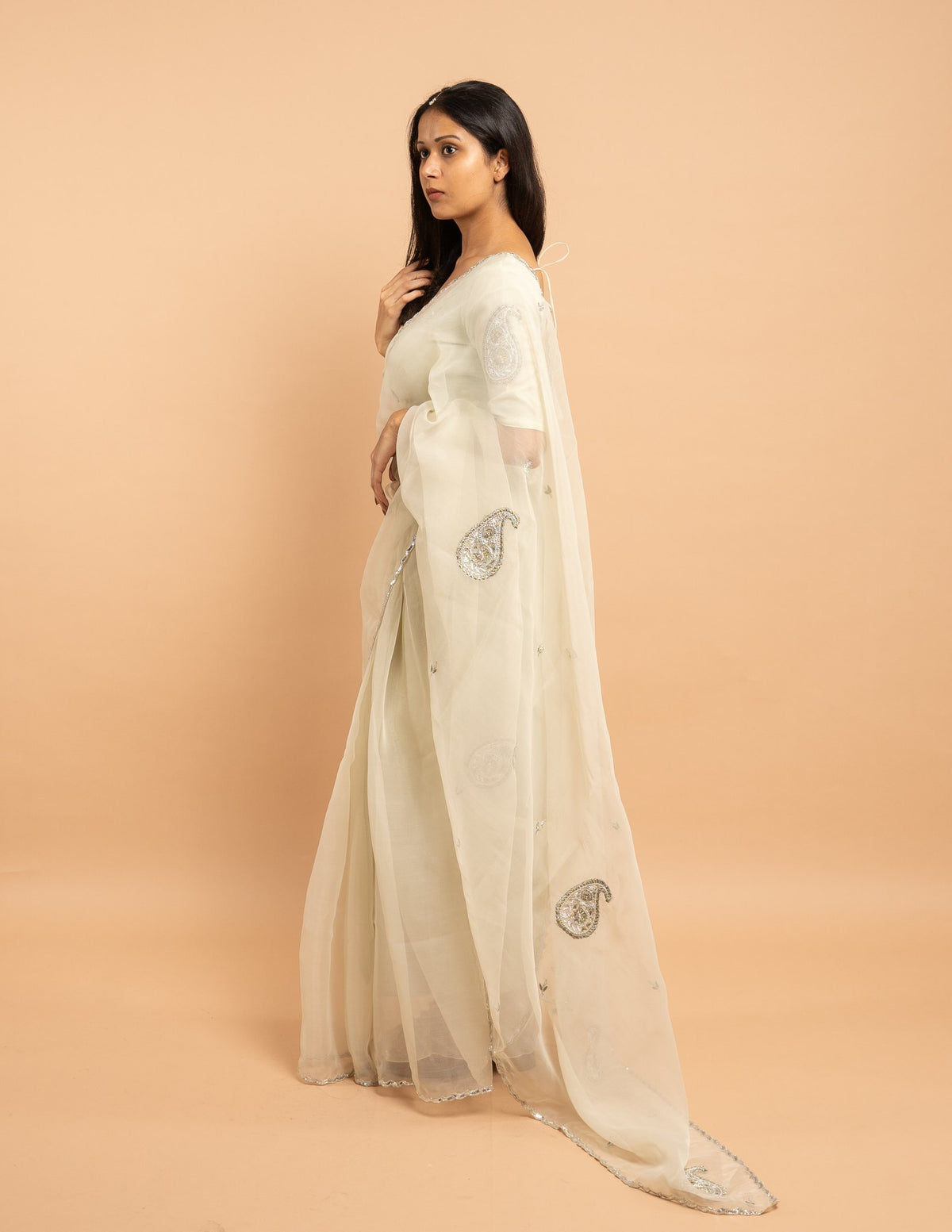 Ivory zardozi paisley saree – Organza silk