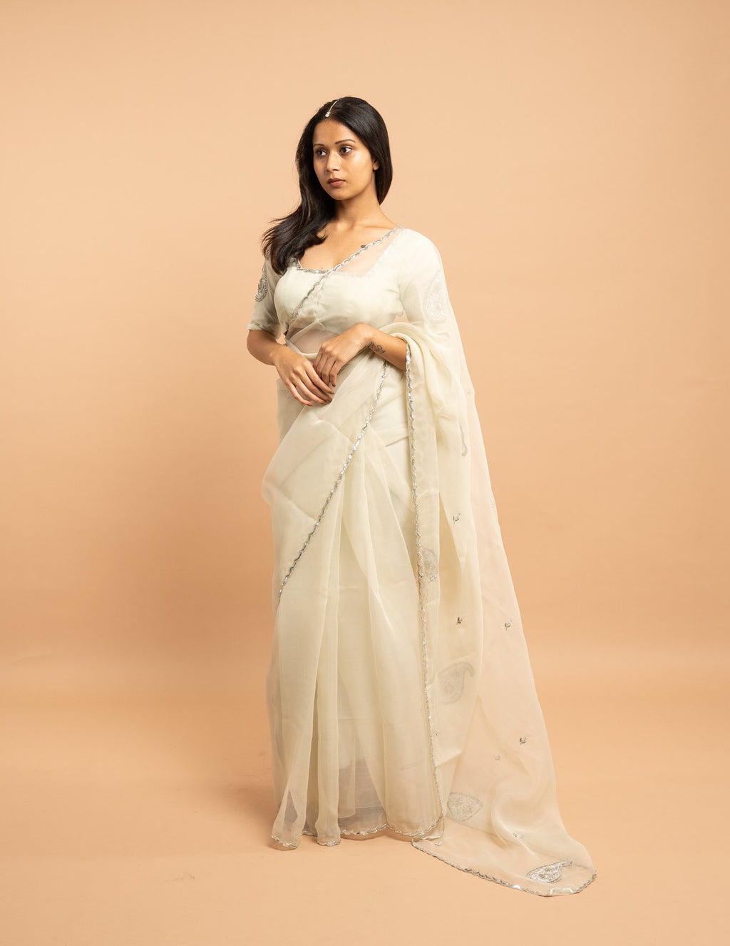 Ivory zardozi paisley saree – Organza silk