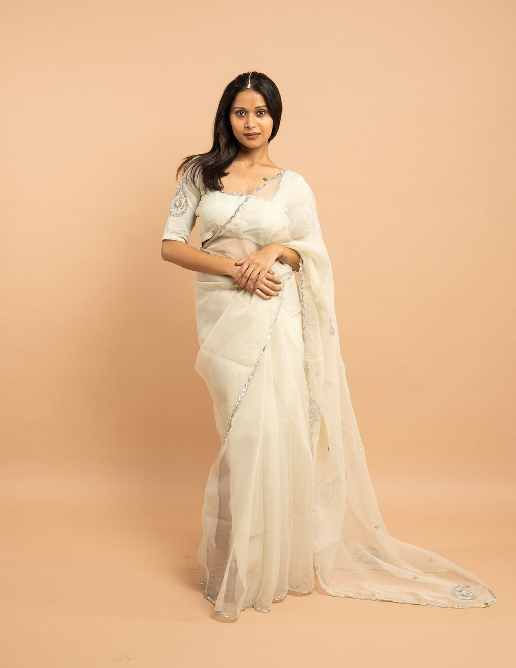 Ivory zardozi paisley saree – Organza silk
