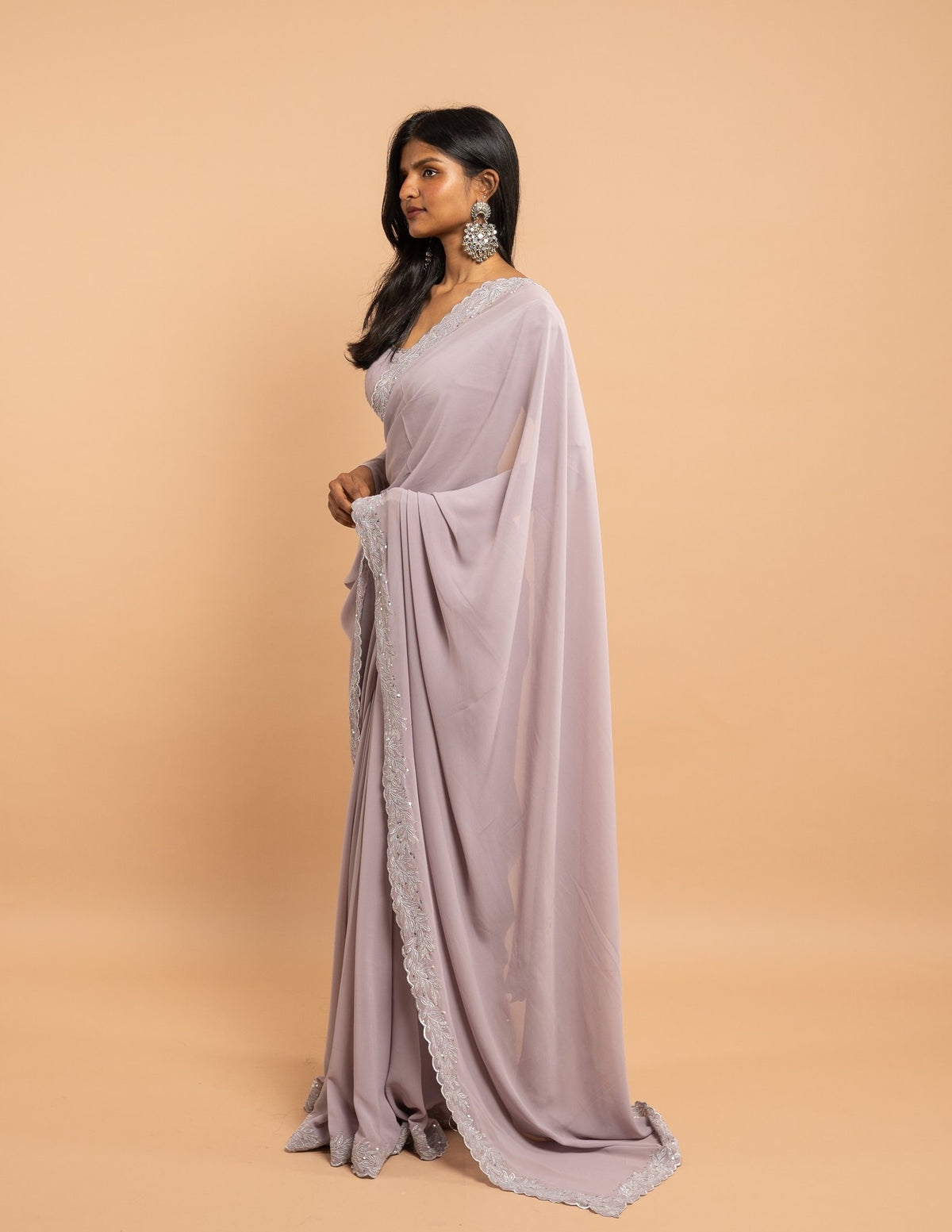 Lavender cutwork and stone border saree – Georgette silk
