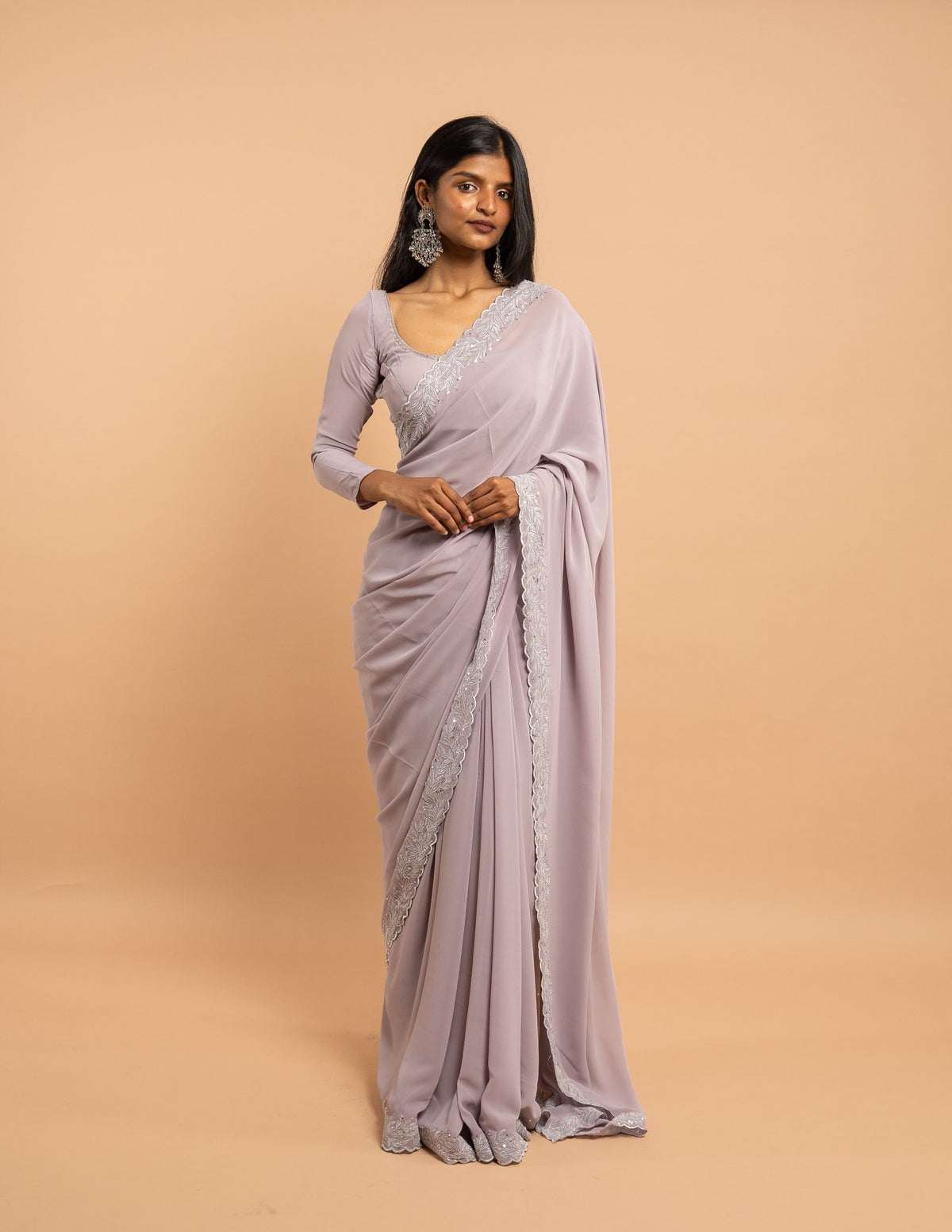 Lavender cutwork and stone border saree – Georgette silk