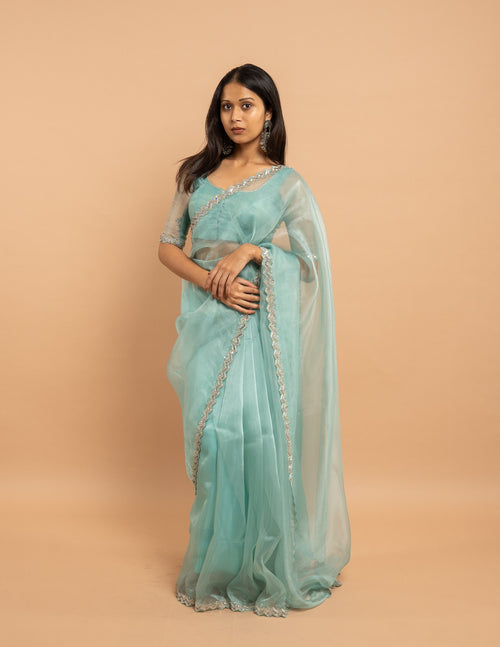Aqua sequin zigzag border saree – Organza silk