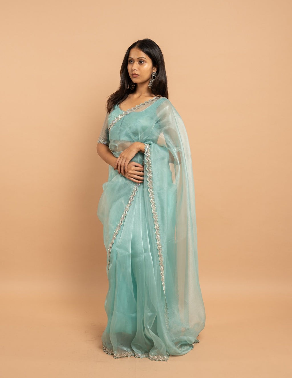 Aqua sequin zigzag border saree – Organza silk