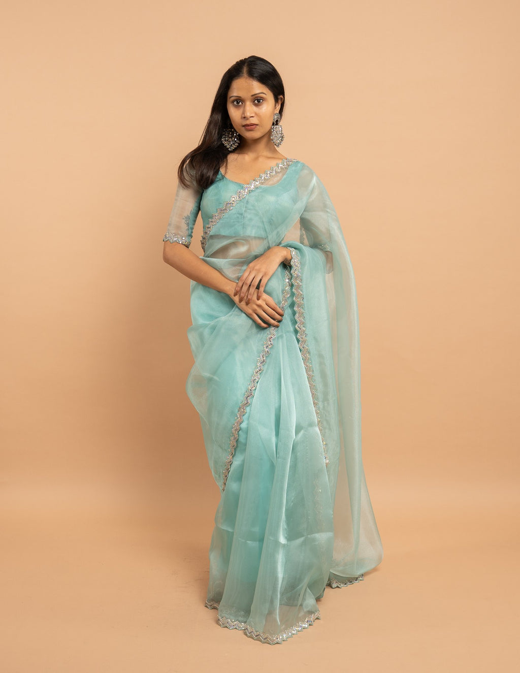 Aqua sequin zigzag border saree – Organza silk