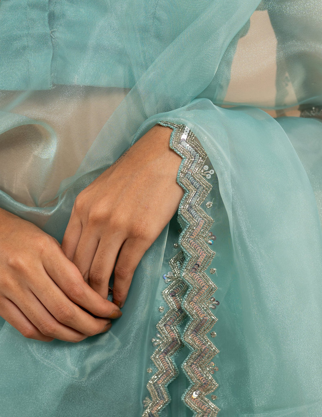 Aqua sequin zigzag border saree – Organza silk