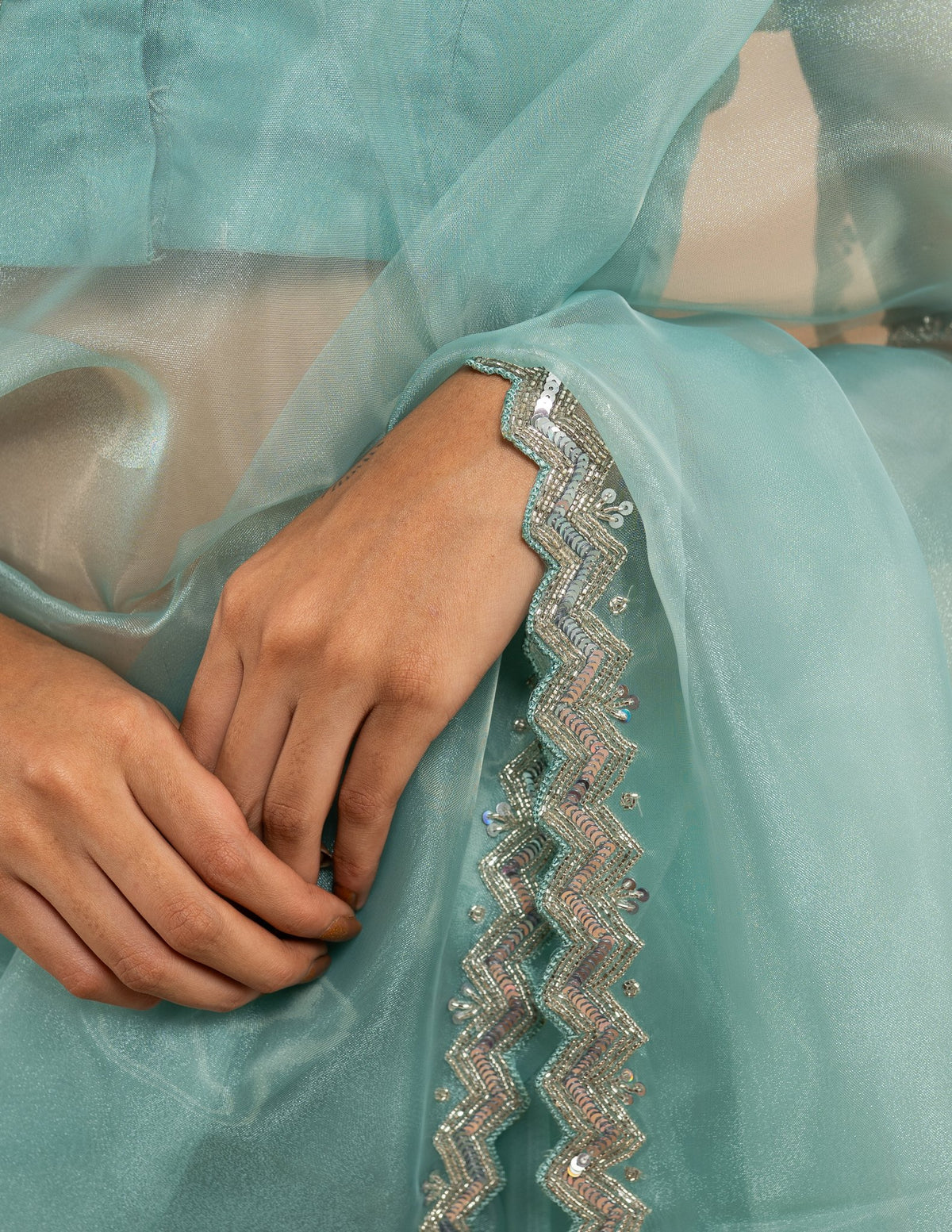 Aqua sequin zigzag border saree – Organza silk