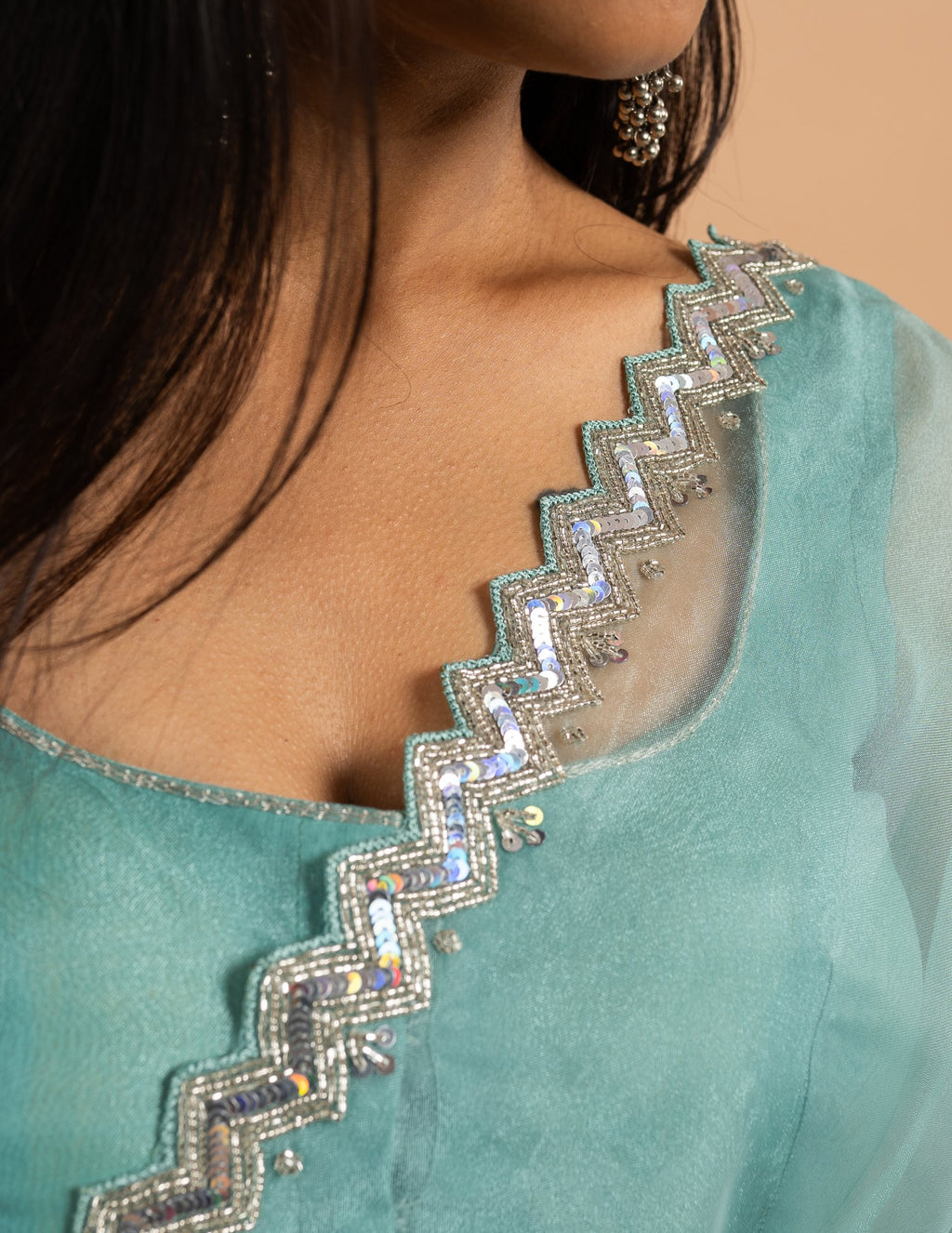 Aqua sequin zigzag border saree – Organza silk
