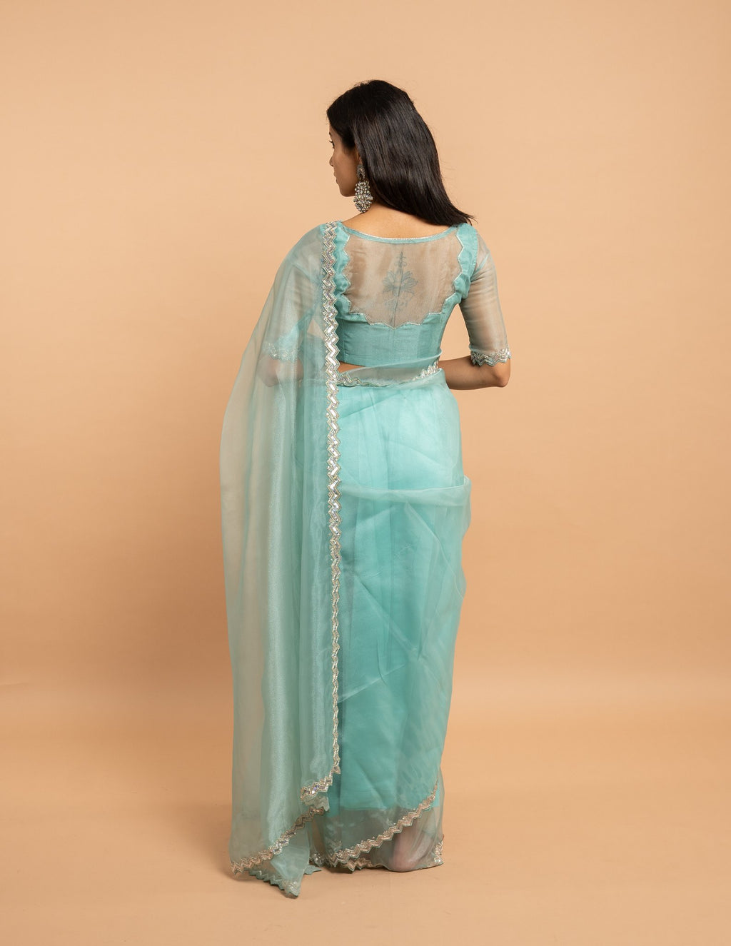 Aqua sequin zigzag border saree – Organza silk