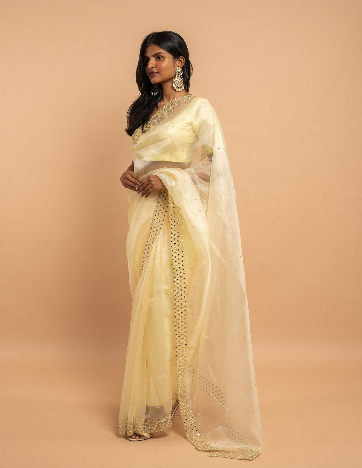 Pale yellow mirror work saree – Organza silk