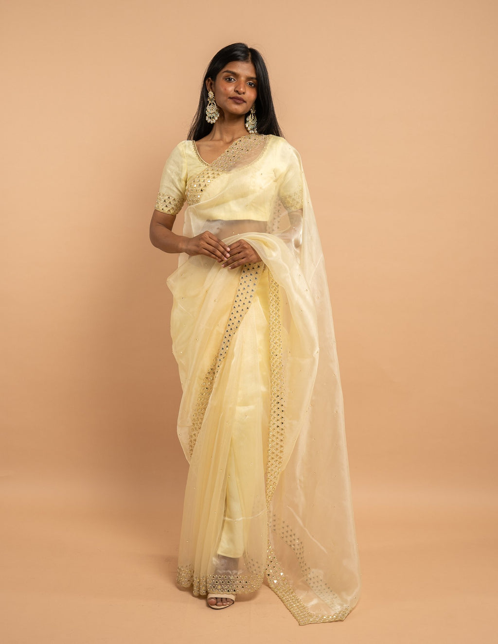 Pale yellow mirror work saree – Organza silk
