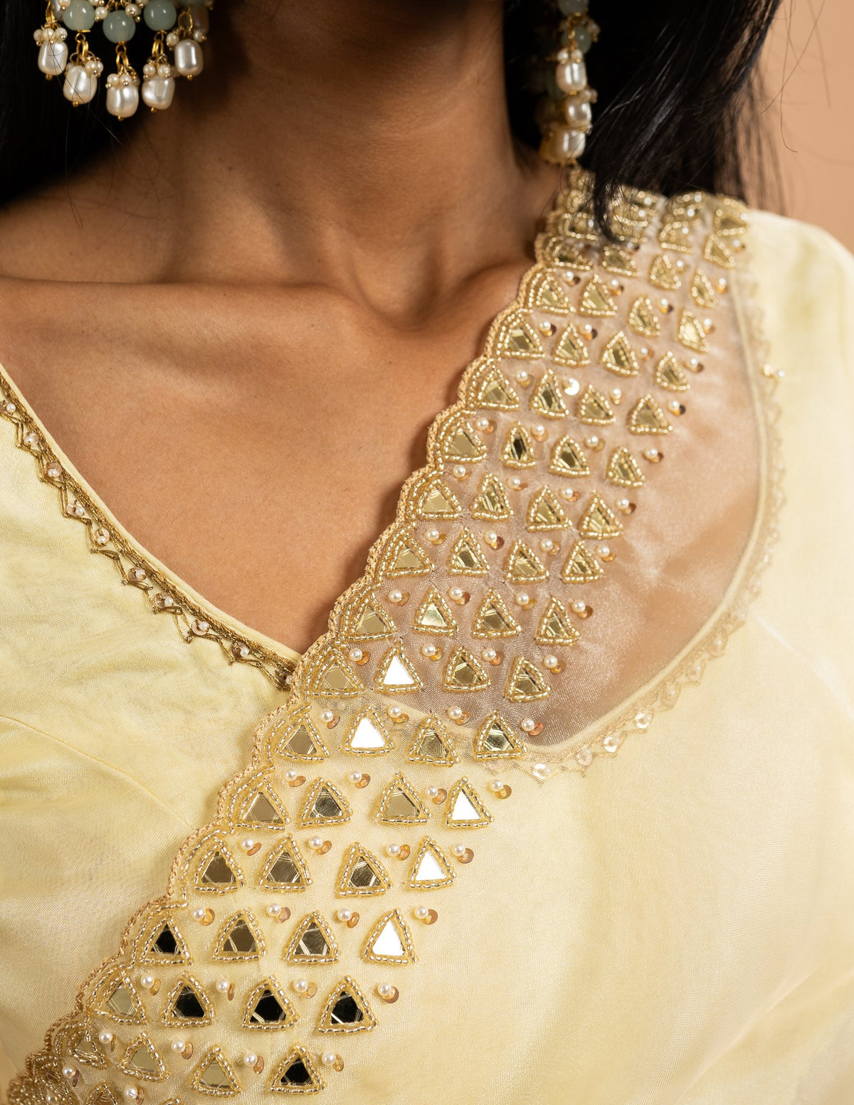 Pale yellow mirror work saree – Organza silk