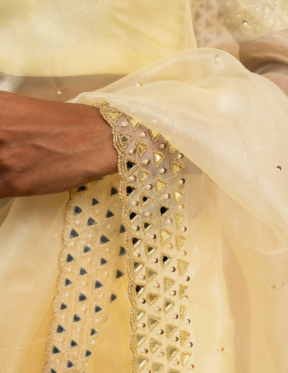 Pale yellow mirror work saree – Organza silk