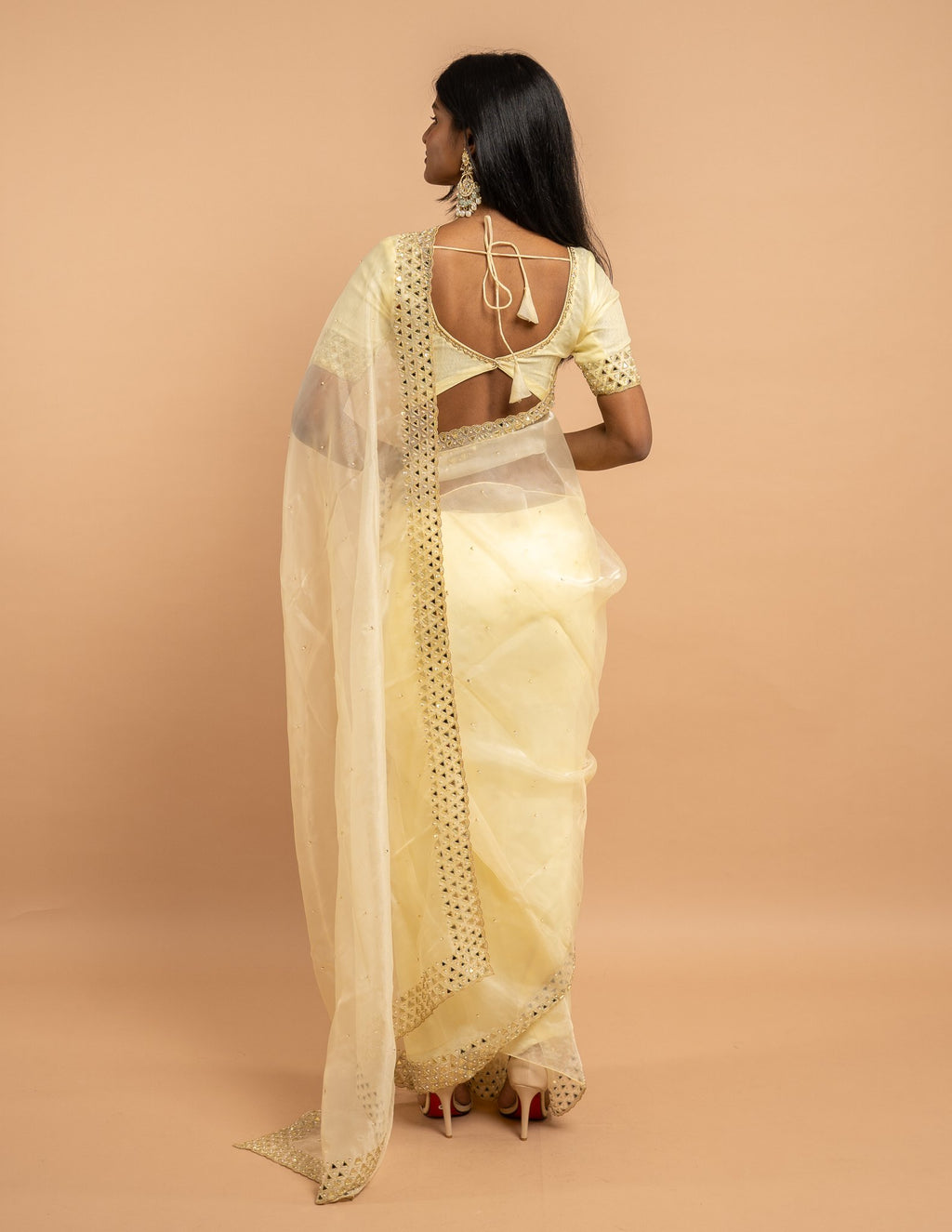 Pale yellow mirror work saree – Organza silk