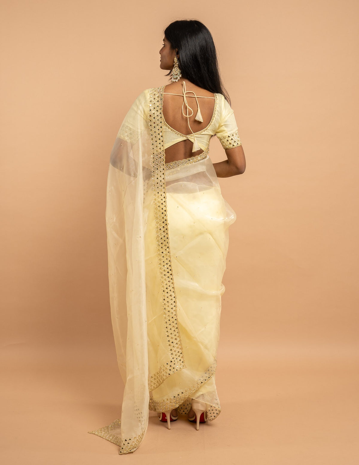 Pale yellow mirror work saree – Organza silk
