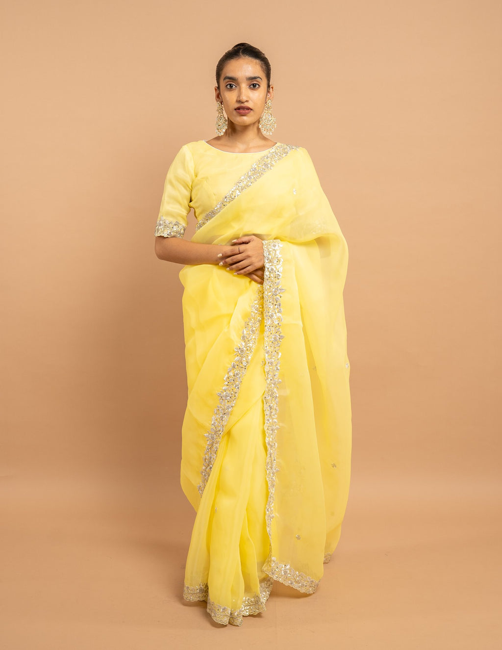 Lemon yellow floral cutwork saree – Organza silk