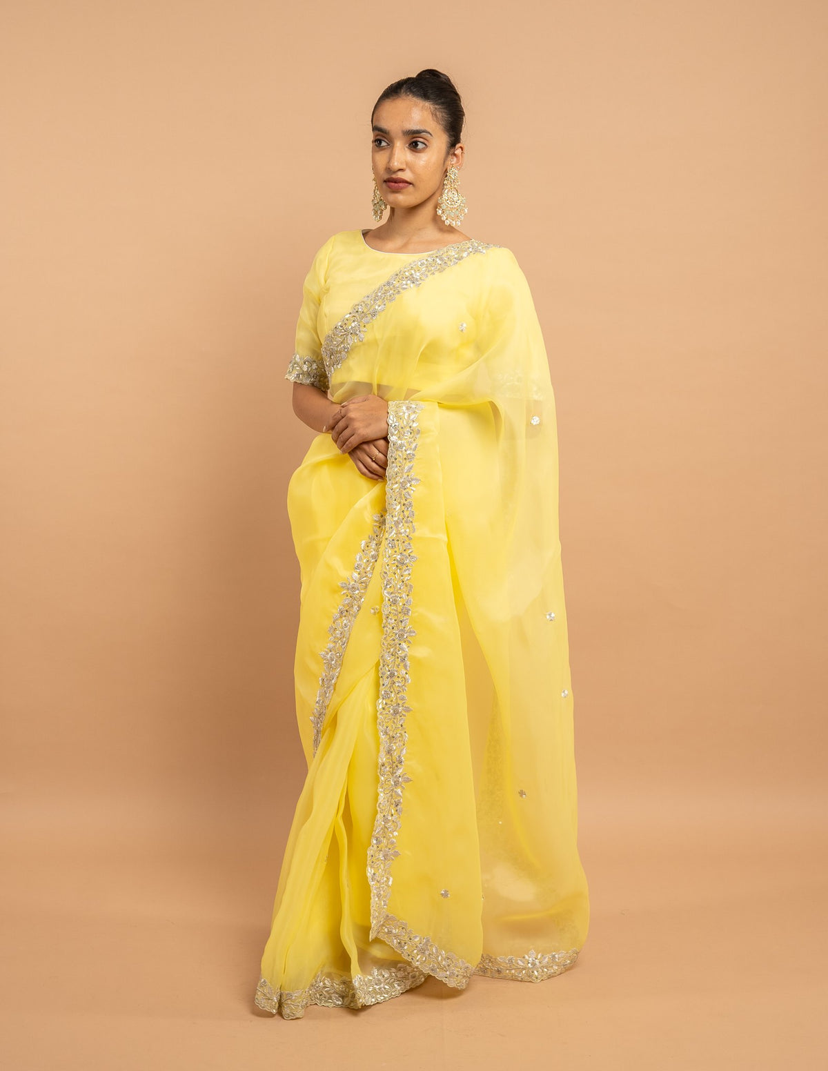 Lemon yellow floral cutwork saree – Organza silk
