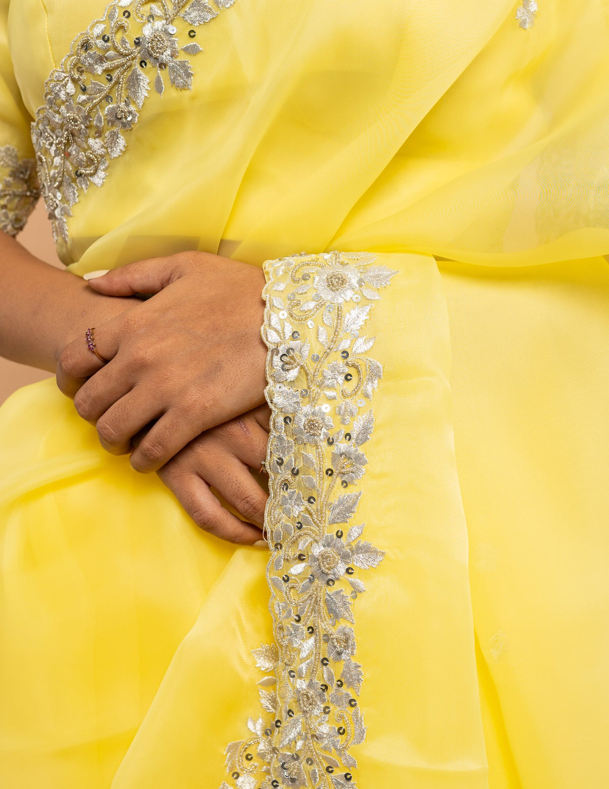 Lemon yellow floral cutwork saree – Organza silk