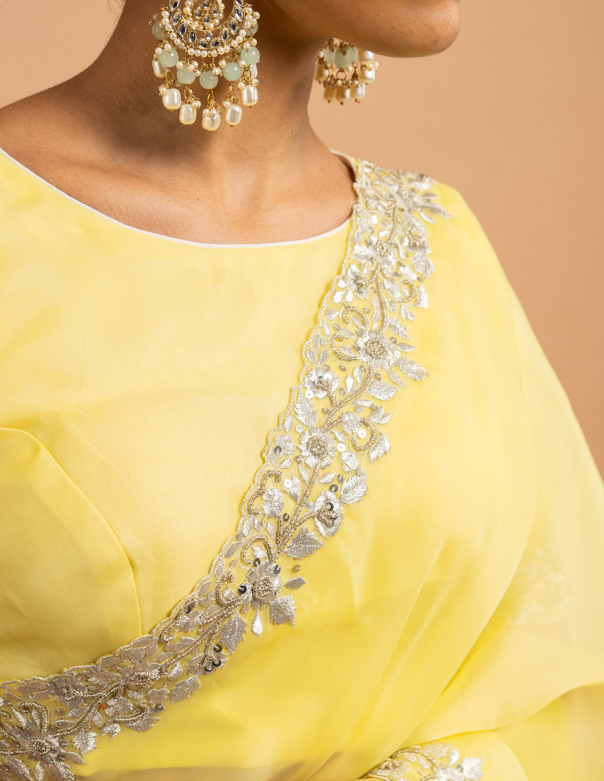 Lemon yellow floral cutwork saree – Organza silk