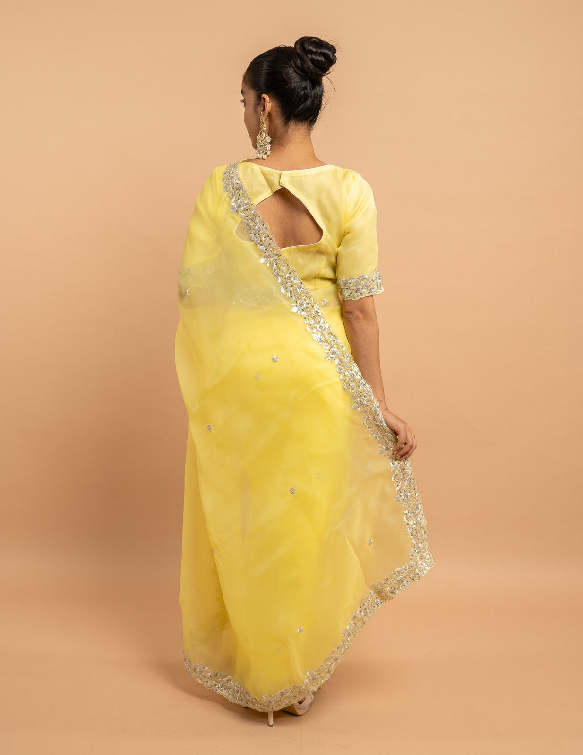 Lemon yellow floral cutwork saree – Organza silk