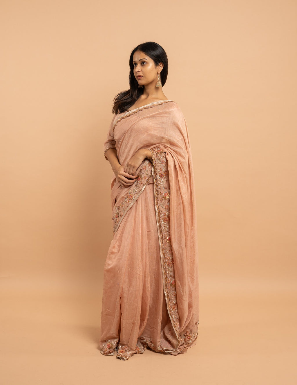 Blush peach floral zardozi saree – Tissue silk