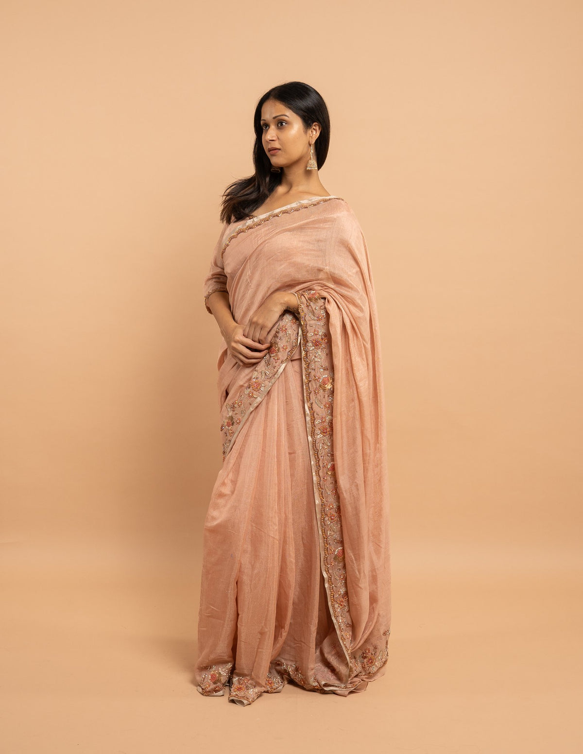 Blush peach floral zardozi saree – Tissue silk
