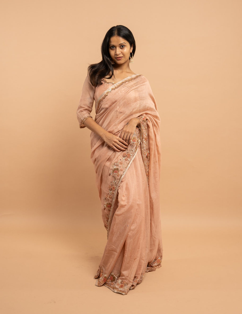 Blush peach floral zardozi saree – Tissue silk