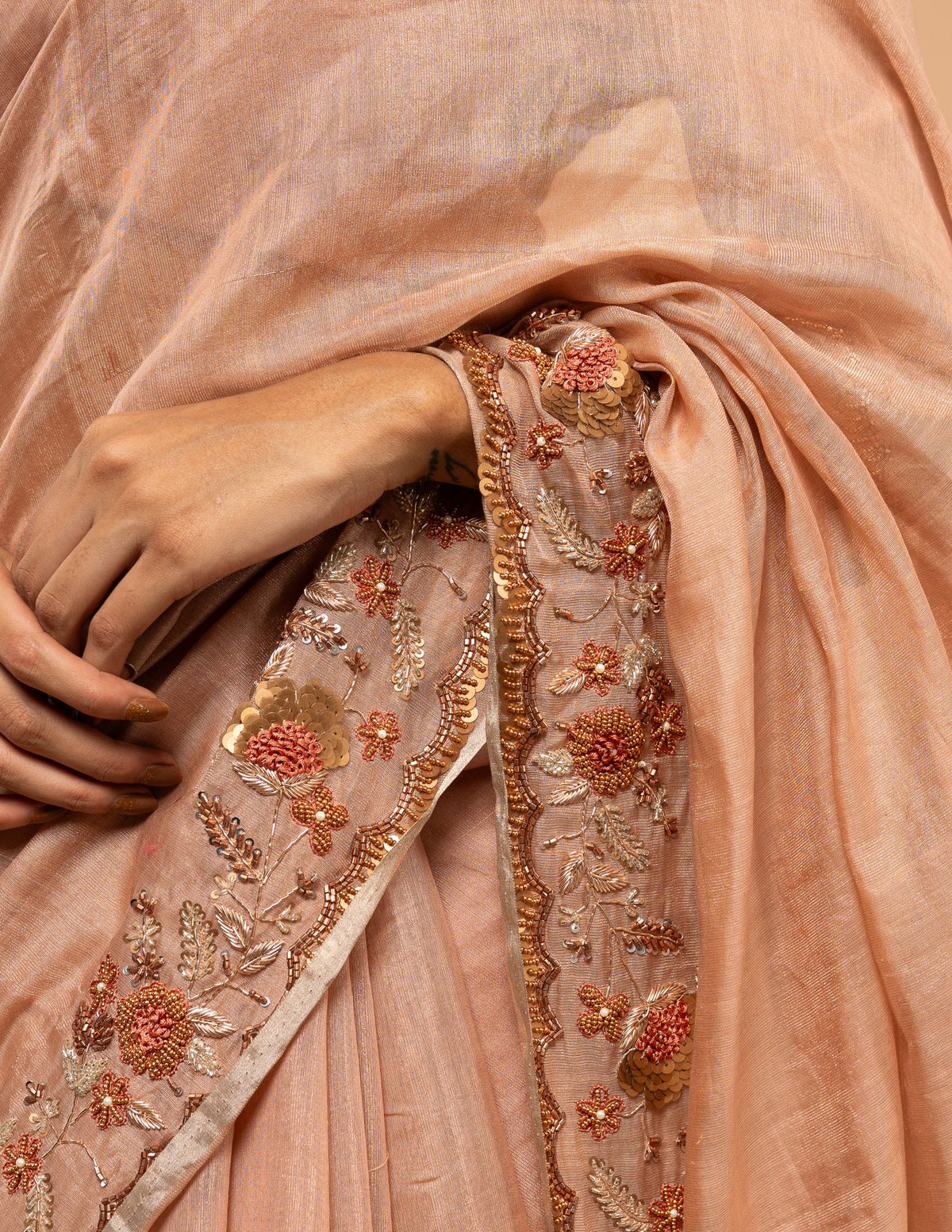 Blush peach floral zardozi saree – Tissue silk