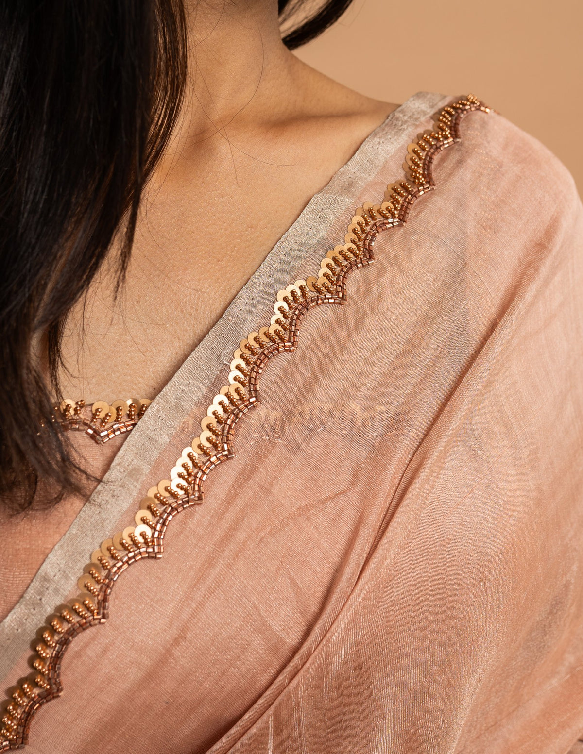 Blush peach floral zardozi saree – Tissue silk