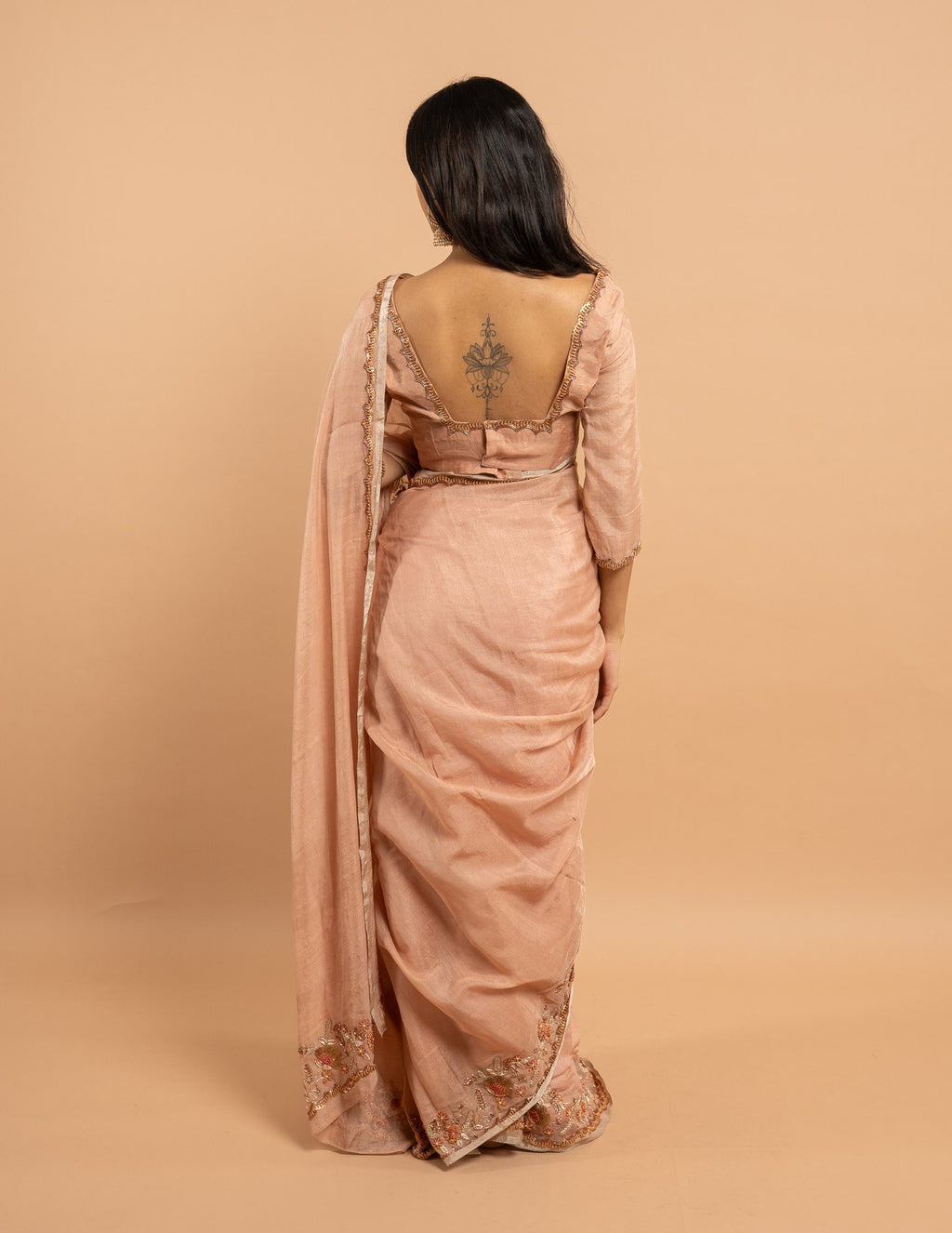 Blush peach floral zardozi saree – Tissue silk