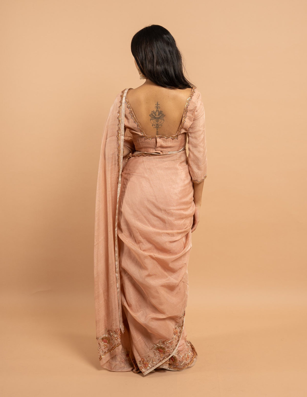 Blush peach floral zardozi saree – Tissue silk