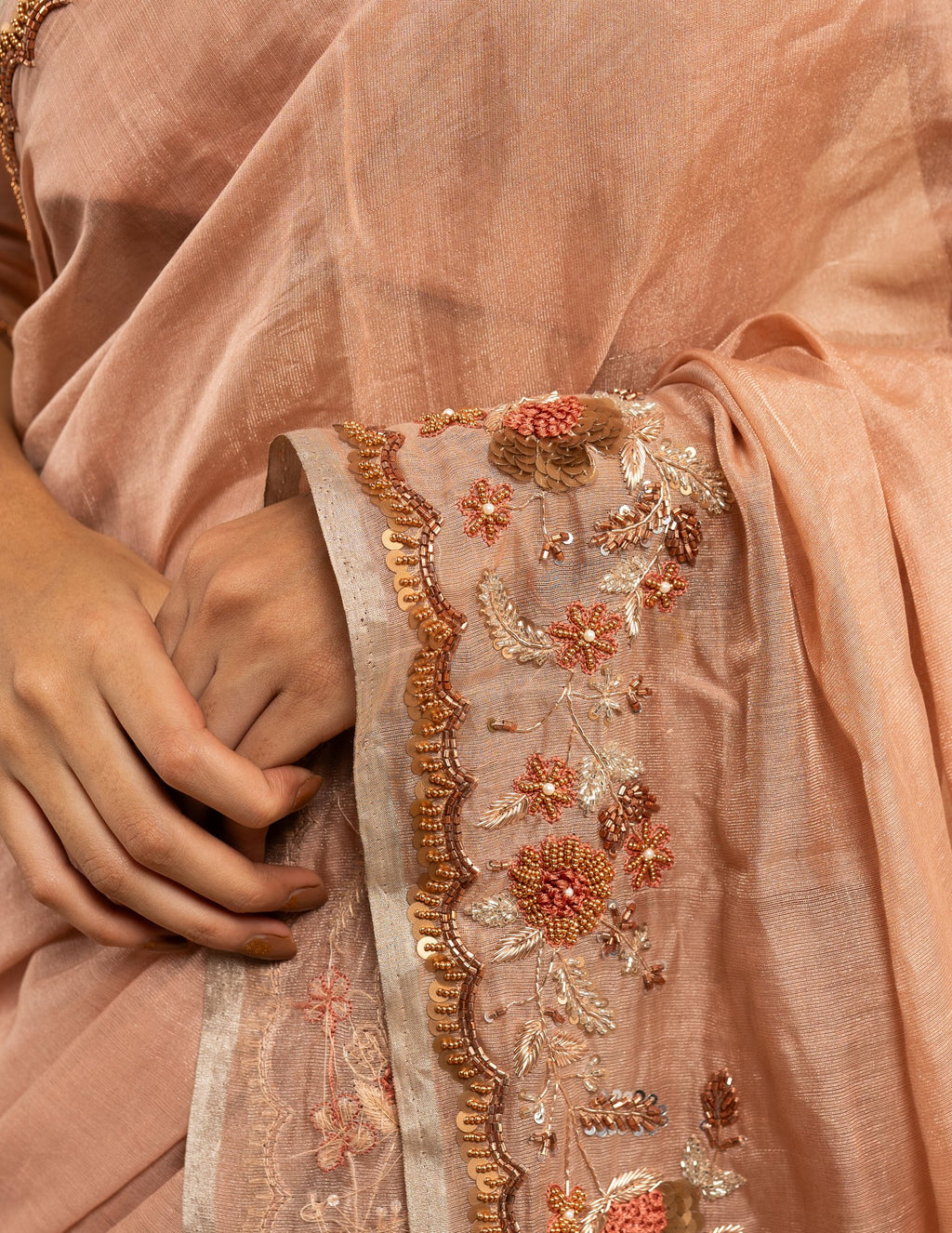 Blush peach floral zardozi saree – Tissue silk