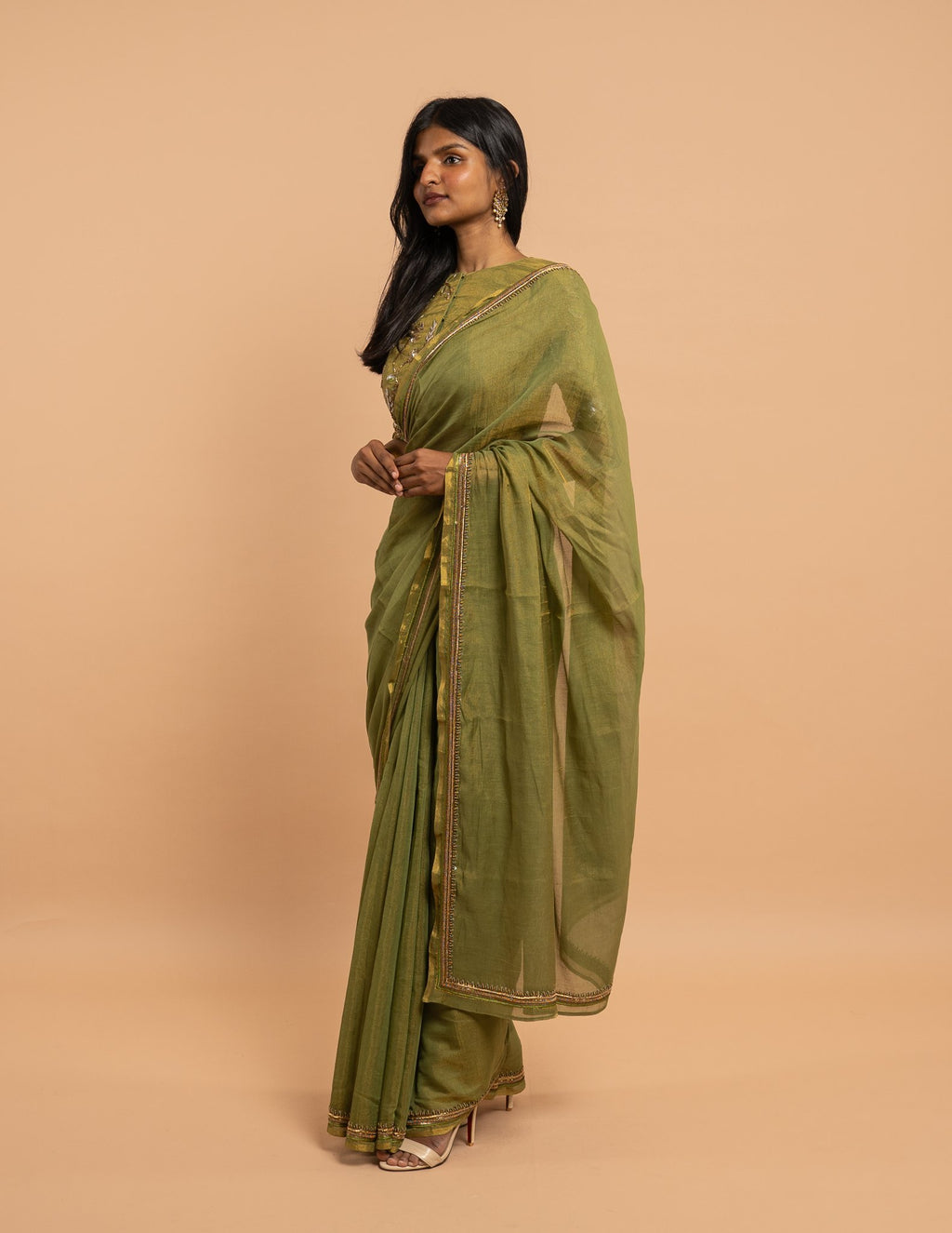 Olive green zardozi floral saree – Silk