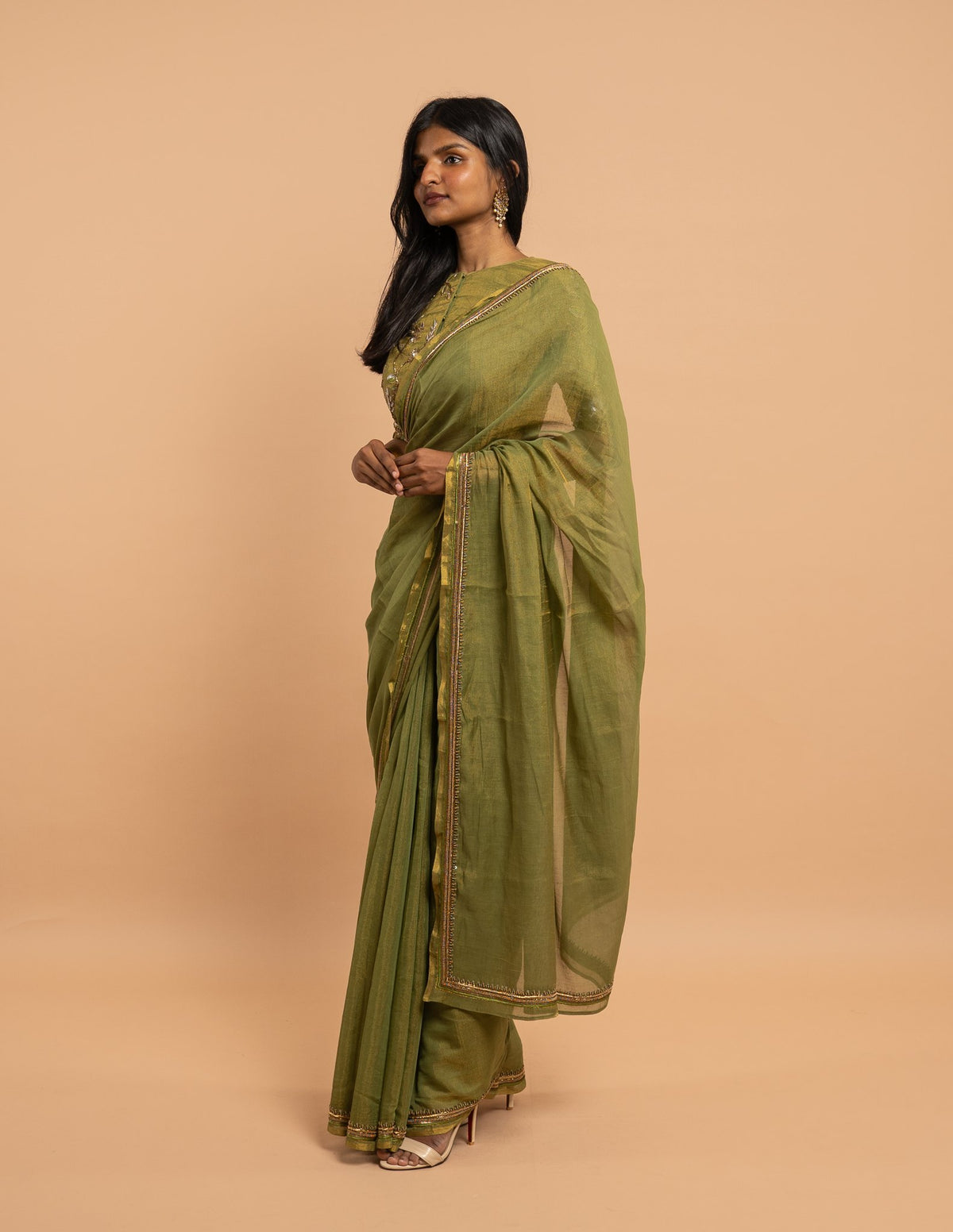 Olive green zardozi floral saree – Silk