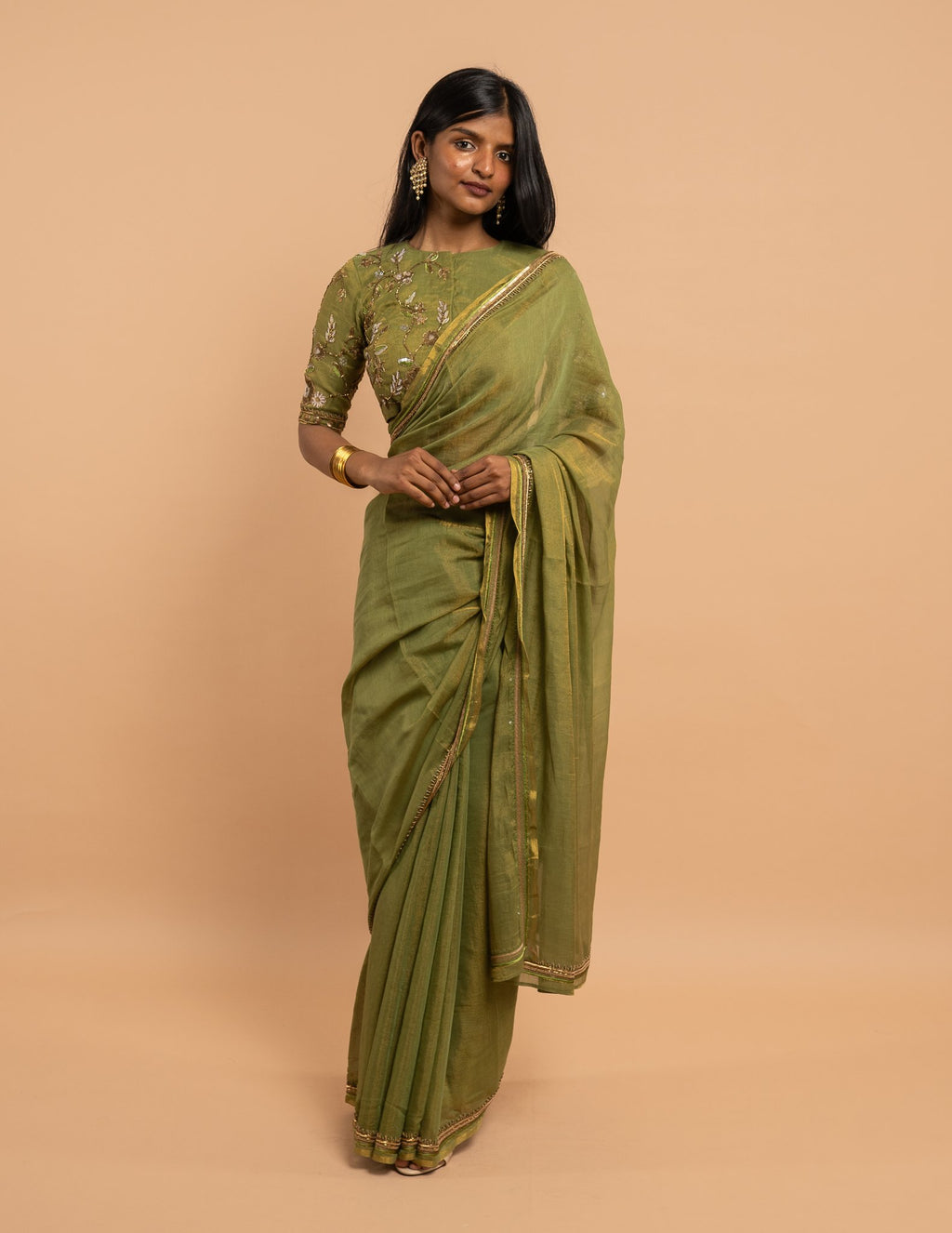 Olive green zardozi floral saree – Silk