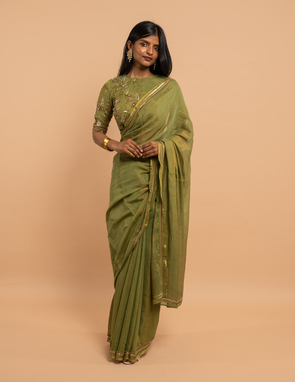 Olive green zardozi floral saree – Silk