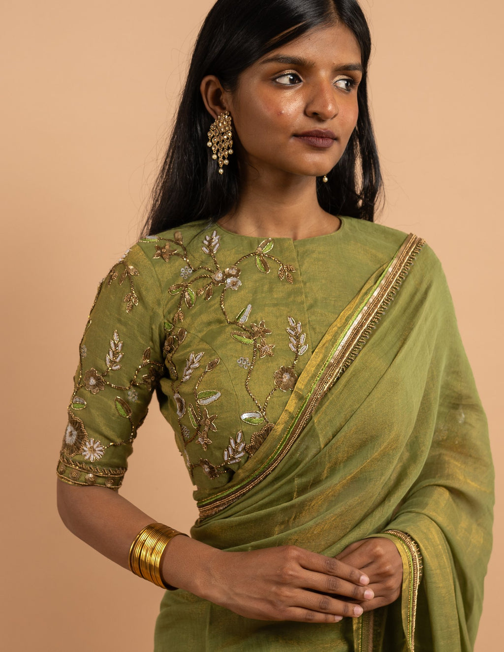 Olive green zardozi floral saree – Silk