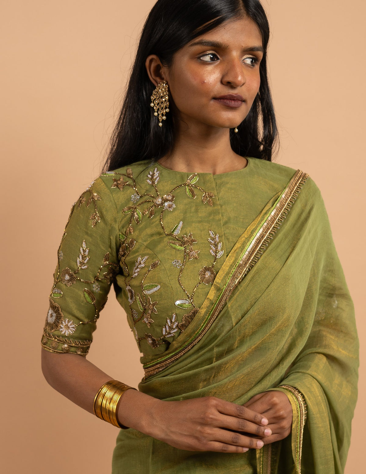 Olive green zardozi floral saree – Silk